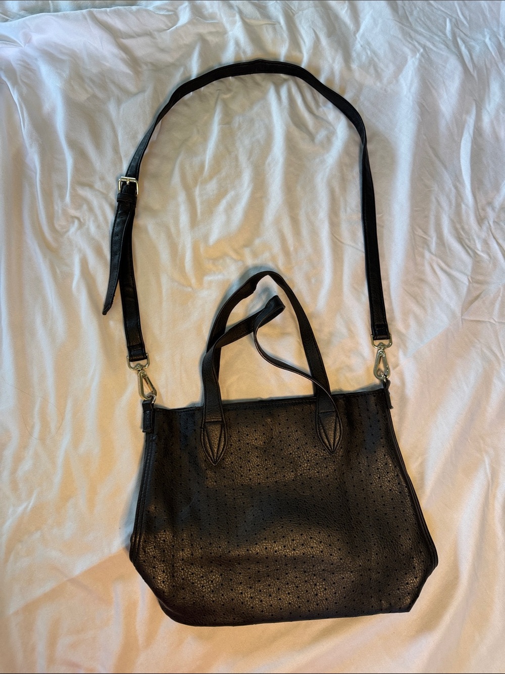 Steve Madden Black Perforated Leather Tote Bag with Removable Strap